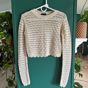 Miou Muse Cream Cropped Crochet Knit Top